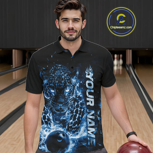 Custom Blue Flaming Leopard Men Bowling Shirts, Fire Bowling Team Shirt Bowler Uniform IPHW10714