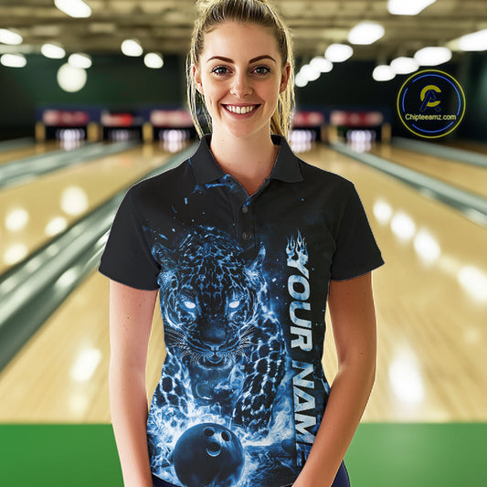 Custom Blue Flaming Leopard Women Bowling Shirts, Fire Bowling Team Shirt Bowler Uniform IPHW10714