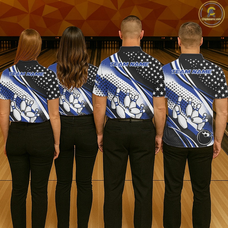 Custom Black And Blue American Flag Patriotic Bowling Shirts, US Flag Bowling League Shirt Bowlers Outfit IPHW10451