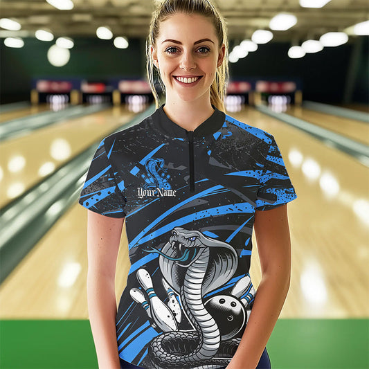 Custom Black And Blue Cobra Snake Bowling Womens Quarter-Zip Shirts, Bowling League Shirts IPHW8566