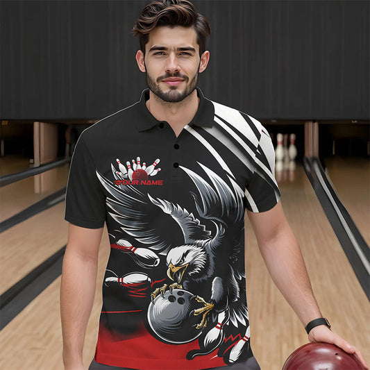 Custom Black And Red Eagle Bowling Jerseys, Bowling Team Men Polo Shirts Bowlers Outfits IPHW8886