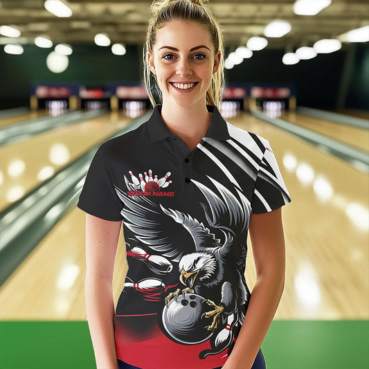 Custom Black And Red Eagle Bowling Jerseys, Bowling Team Women Polo Shirts Bowlers Outfits IPHW8886
