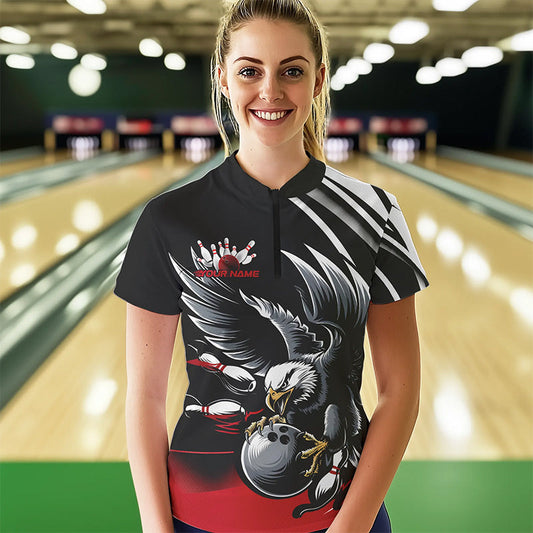 Custom Black And Red Eagle Bowling Jerseys, Bowling Team Women Quarter-Zip Shirts IPHW8886