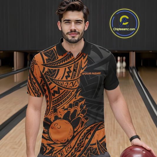 Custom Black And Orange Maori Style Koru Spiral Tribal Men Bowling Polo Team Shirt IPHW10958