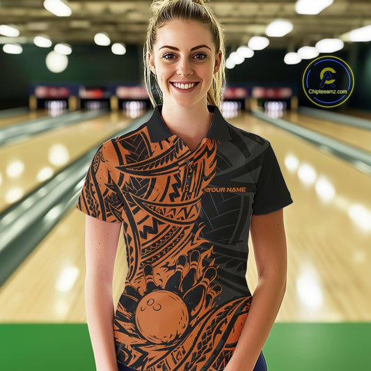 Custom Black And Orange Maori Style Koru Spiral Tribal Women Bowling Polo Team Shirt IPHW10958