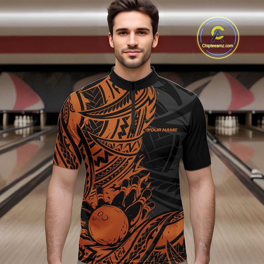 Custom Black And Orange Maori Style Koru Spiral Tribal Men Bowling Quarter-Zip Team Shirt IPHW10958