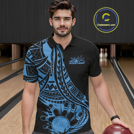Custom Black And Blue Maori Style Koru Spiral Tribal Men Bowling Polo Team Shirt IPHW10962