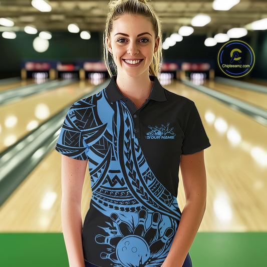 Custom Black And Blue Maori Style Koru Spiral Tribal Women Bowling Polo Team Shirt IPHW10962