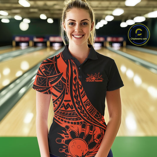 Custom Black And Orange Maori Style Koru Spiral Tribal Women Bowling Polo Team Shirt IPHW10964