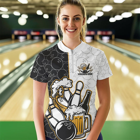 Custom Funny Bowling And Beer Team Bowling Women Quarter-Zip Shirts, Bowling Pattern Shirt IPHW8891
