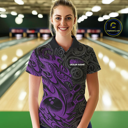 Custom Black And Purple Tribal Polynesian Bowling Team Women Shirts, Niho Mano Bowling Shirt IPHW10756