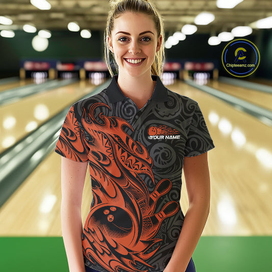 Custom Black And Orange Tribal Polynesian Bowling Team Women Shirts, Niho Mano Bowling Shirt IPHW10759