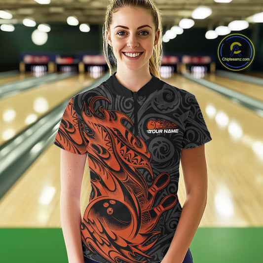 Custom Black And Orange Tribal Polynesian Bowling Women Shirts, Niho Mano Bowling Shirt IPHW10759
