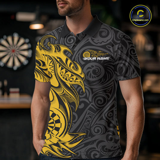 Custom Black And Yellow Tribal Polynesian Dart Team Men Shirts, Niho Mano Dart Shirt IPHW10763