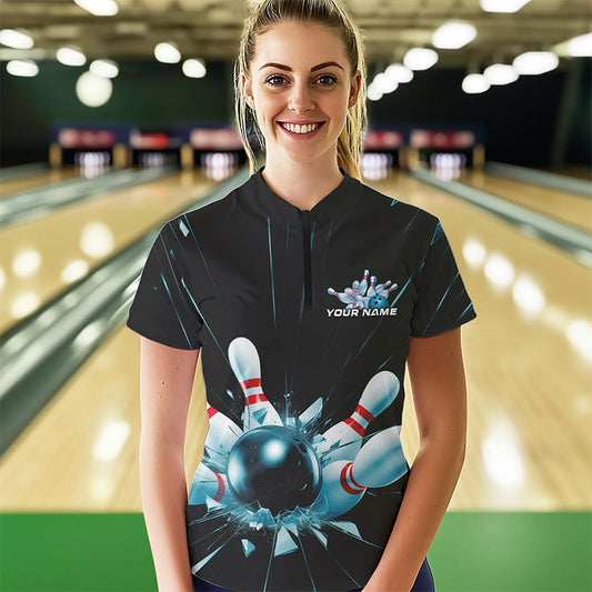 Custom Break Glass Bowling Quarter-Zip Shirts For Women, Bowling League Shirt Team Uniform IPHW8900