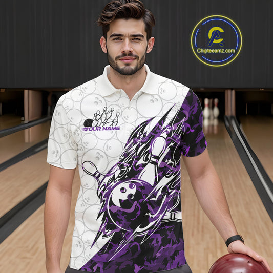 Male model wearing a white bowling polo shirt at the lane with purple camo-inspired bowling graphics.