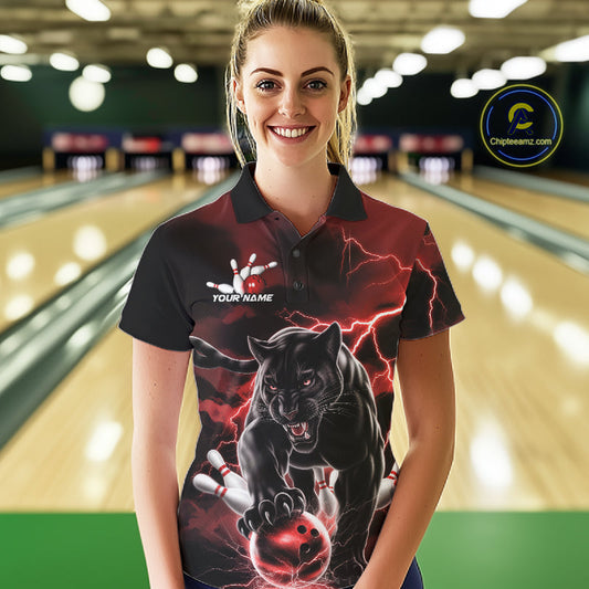 Red Thunder Lightning Custom Panther Women Bowling Polo Shirts, Panther Bowling Jerseys IPHW10790