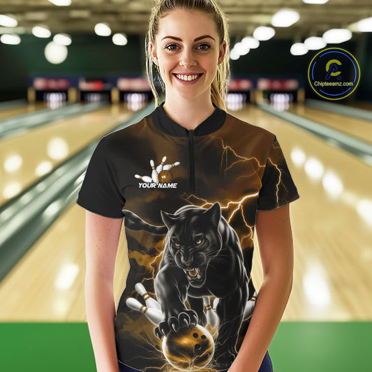 Yellow Thunder Lightning Custom Panther Women Bowling Shirts, Panther Bowling Jerseys IPHW10792