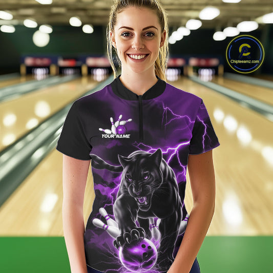 Purple Thunder Lightning Custom Panther Women Bowling Shirts, Panther Bowling Jerseys IPHW10795