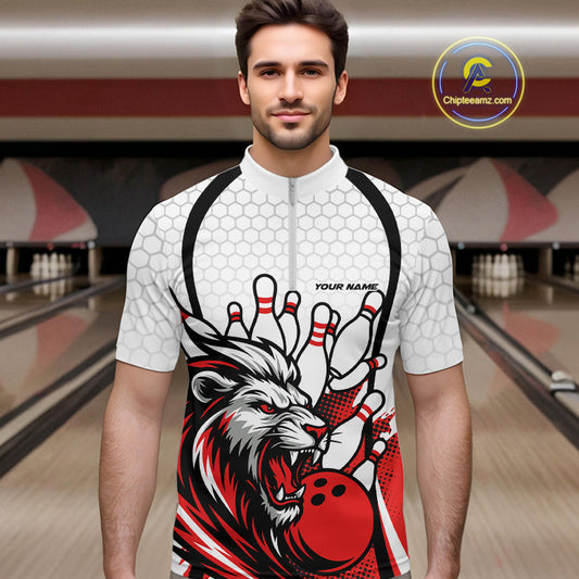 Custom Red Lion Bowling Men Quarter-Zip Shirt, Lion Bowling Team League Shirt IPHW10124