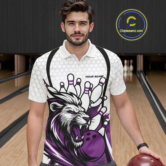 Custom Purple Lion Bowling Men Polo Shirt, Lion Bowling Team League Shirt IPHW10128