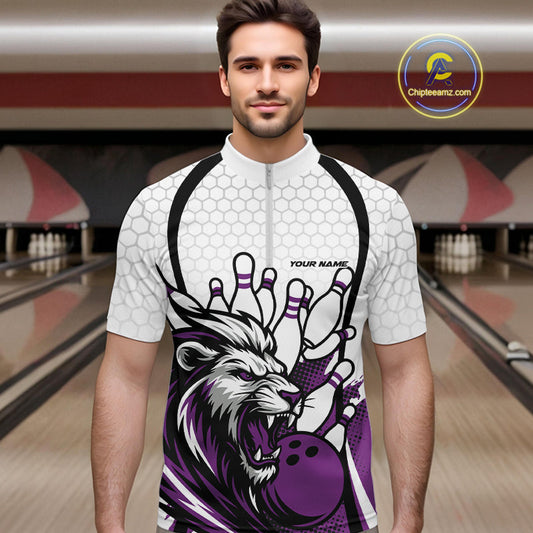Custom Purple Lion Bowling Men Quarter-Zip Shirt, Lion Bowling Team League Shirt IPHW10128