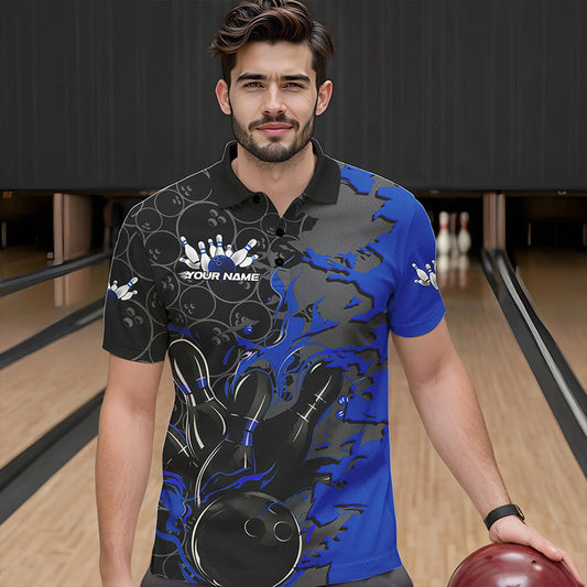 Custom Black And Blue Flame Bowling Polo Shirts For Men, Bowling Tournament Team Uniform IPHW8617