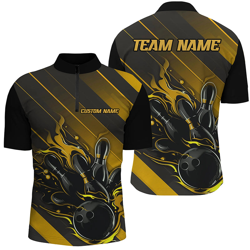Black And Gold Custom Bowling Team Shirts For Men And Women, Bowling Tournament Jerseys IPHW6446