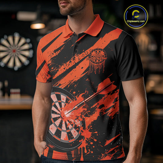 Custom Grunge Black And Orange Dart Jerseys, Flame Dart Tip Hit Bullseye Men Polo Shirt IPHW10058