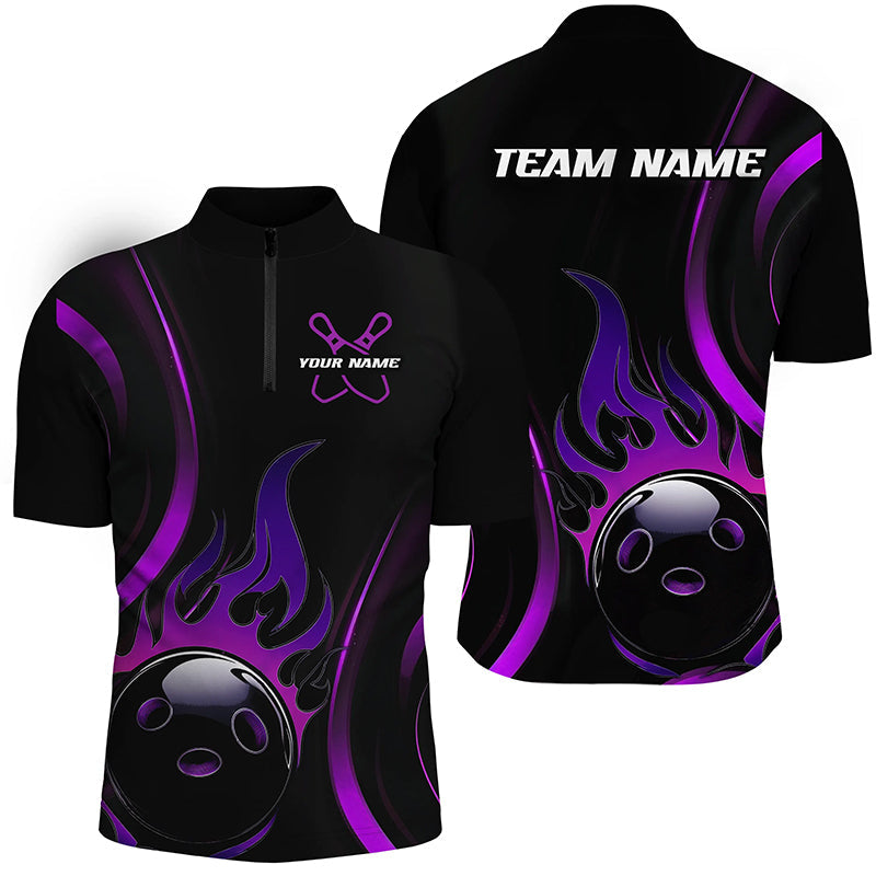 Custom Purple Flame Bowling Polo Shirts For Men, Team Bowling League Shirts IPHW6988
