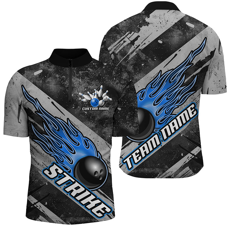 Black And Blue Flame Bowling Ball Custom Team Shirts For Men And Women, Tournament Team Jerseys IPHW6479