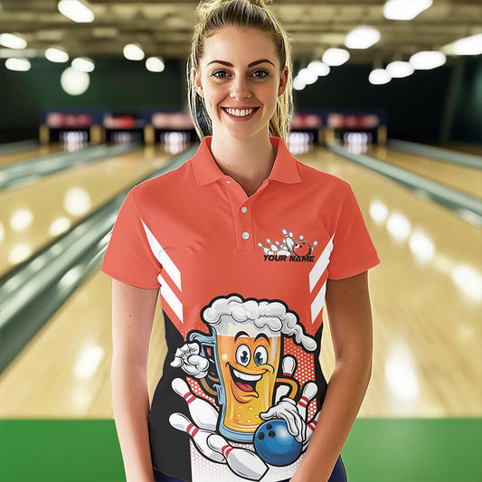 Custom Funny Beer Bowling Polo Shirts For Women, Orange Bowling Team Bowling League Shirt IPHW8931