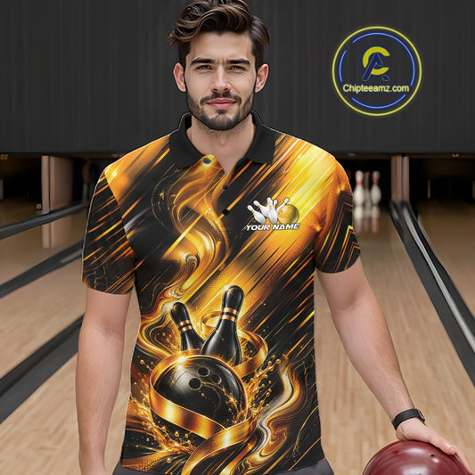 Front view of a male model wearing a bowling polo shirt showcasing a black and gold bowling ball hitting the pins graphic with flowing metallic ribbon accents in a bowling lane.