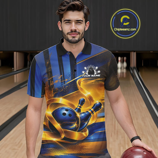 Front view of a male model wearing a bowling polo shirt with a glossy blue bowling ball and pins wrapped in flowing gold ribbon accents inside a bowling lane.