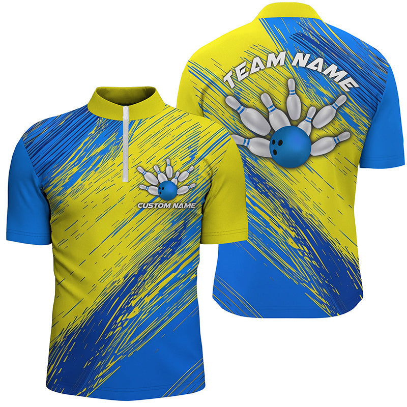 Yellow And Blue Unisex Bowling Shirts For Team, Custom Name Bowling Tournament Jerseys For Bowler IPHW6190