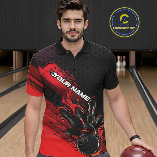 Custom Black And Red Flame Bowling Team Shirts, Bowling League Shirt Men Bowling Jersey IPHW10574