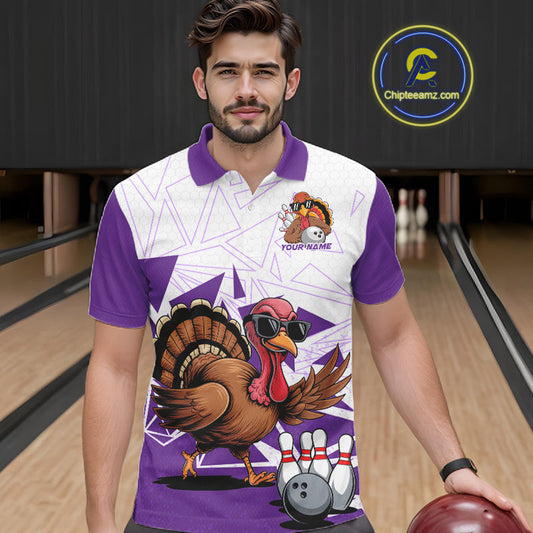 White And Purple Custom Funny Turkey Bowling Men Shirt, Bowling League Team Shirt IPHW10806