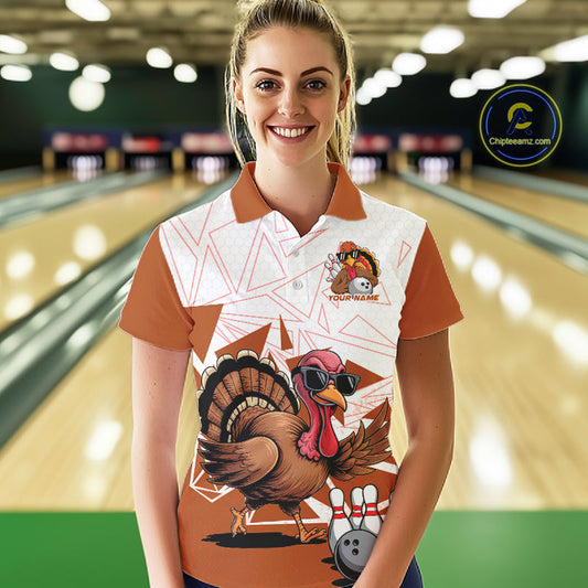 White And Orange Custom Funny Turkey Bowling Women Shirt, Bowling League Team Shirt IPHW10807