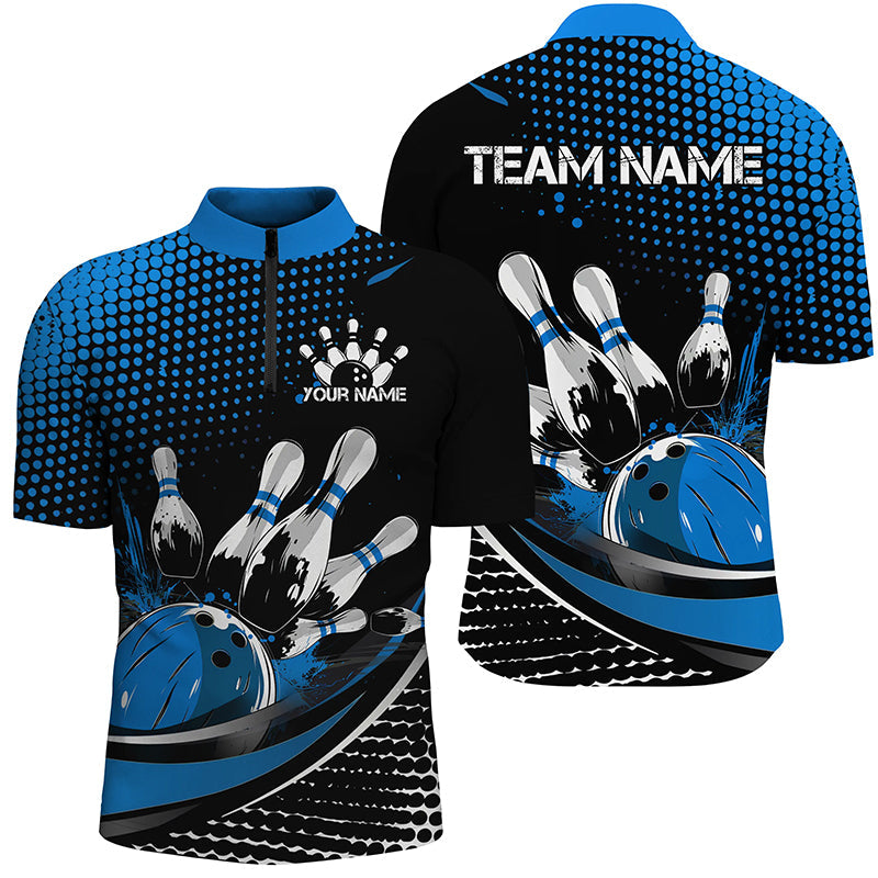 Black And Blue Custom Bowling Team Jerseys, Bowling League Shirts For Men, Bowlers Outfits IPHW7276