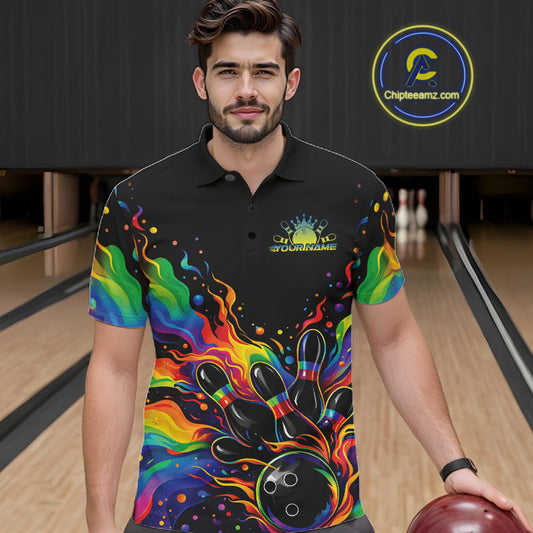 Custom Colorful Rainbow Colors Flame Bowling Men Polo Shirt, Bowling Tournament Shirt IPHW10307