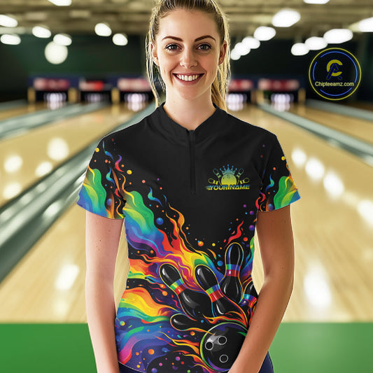 Custom Colorful Rainbow Colors Flame Bowling Women Shirt, Bowling Tournament Shirt IPHW10307
