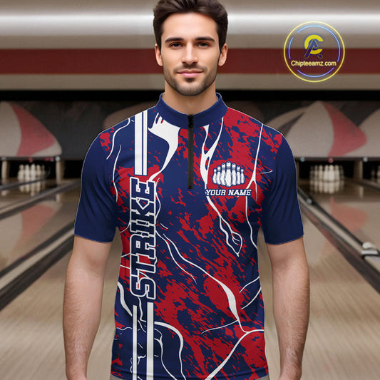Custom Red,White And Blue Camo Strike Bowling Shirts, Patriotic Men Bowling Team Jerseys IPHW10610