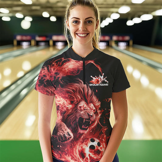 Custom Red Flame Lion Bowling Team Women Quarter-Zip Shirts, Lion Bowling League Shirt IPHW8977
