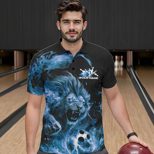 Custom Blue Flame Lion Bowling Team Men Polo Shirts, Lion Bowling League Shirt IPHW8978