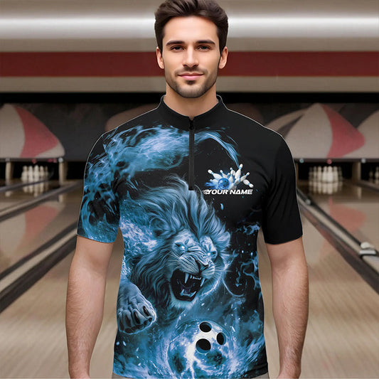 Custom Blue Flame Lion Bowling Team Men Quarter-Zip Shirts, Lion Bowling League Shirt IPHW8978