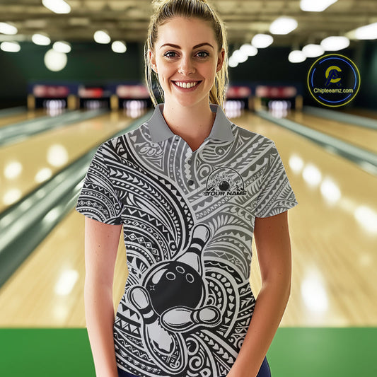Custom Black And Gray Traditional Samoan Tribal Polynesian Pattern Bowling Women Shirt IPHW10324