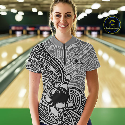 Custom Black And Gray Traditional Samoan Tribal Polynesian Pattern Bowling Women Shirt IPHW10324