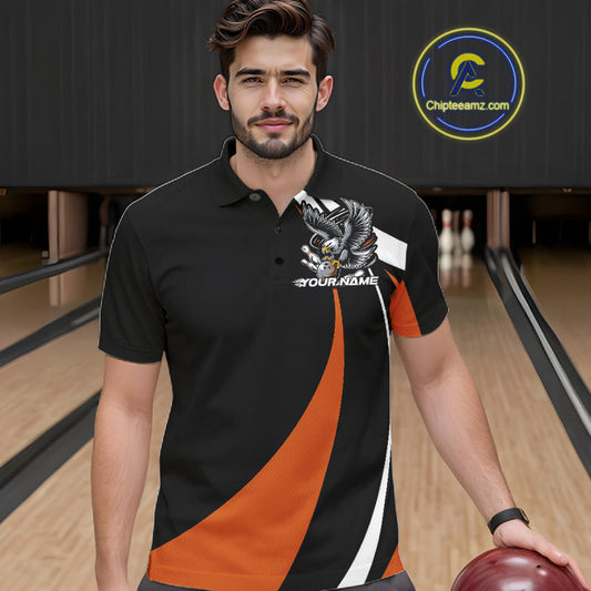 Custom Black And Orange Eagle Bowling Jerseys, Eagle Bowling League Shirt Team Uniform IPHW10814