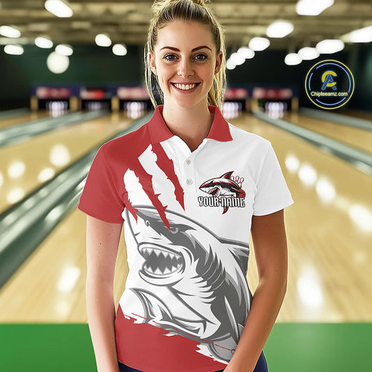 Custom White And Red Shark Jerseys, Shark Bowling Team Women Polo Shirts Bowlers Outfit IPHW8987