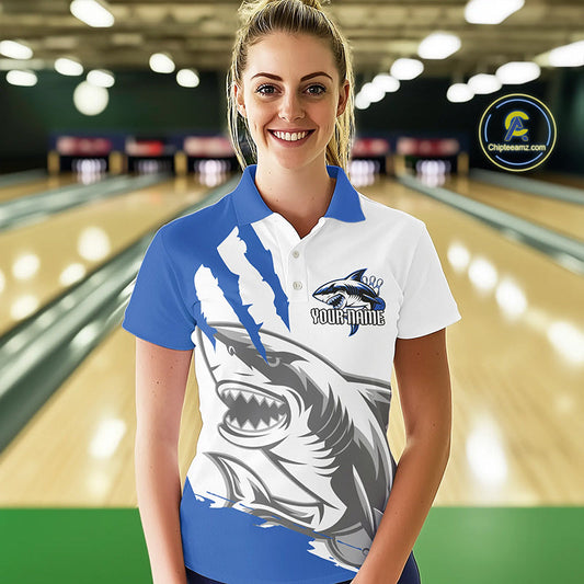 Custom White And Blue Shark Jerseys, Shark Bowling Team Women Polo Shirts Bowlers Outfit IPHW8990